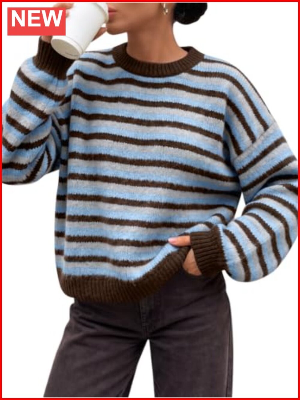 Women Striped Oversized Knit Pullover Sweater Crew Neck Long Sleeve